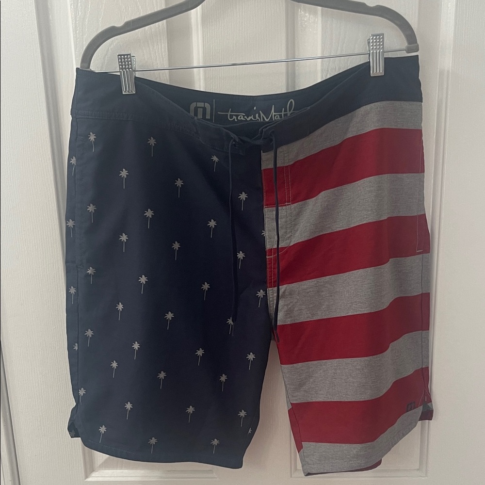 Travis Mathew Men's Navy and Gray Striped Swim Shorts